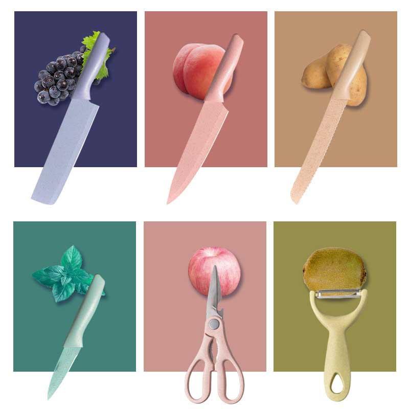 6-Piece Stainless Steel Knife Set with Wheat Straw Handles (Macaron Colors)