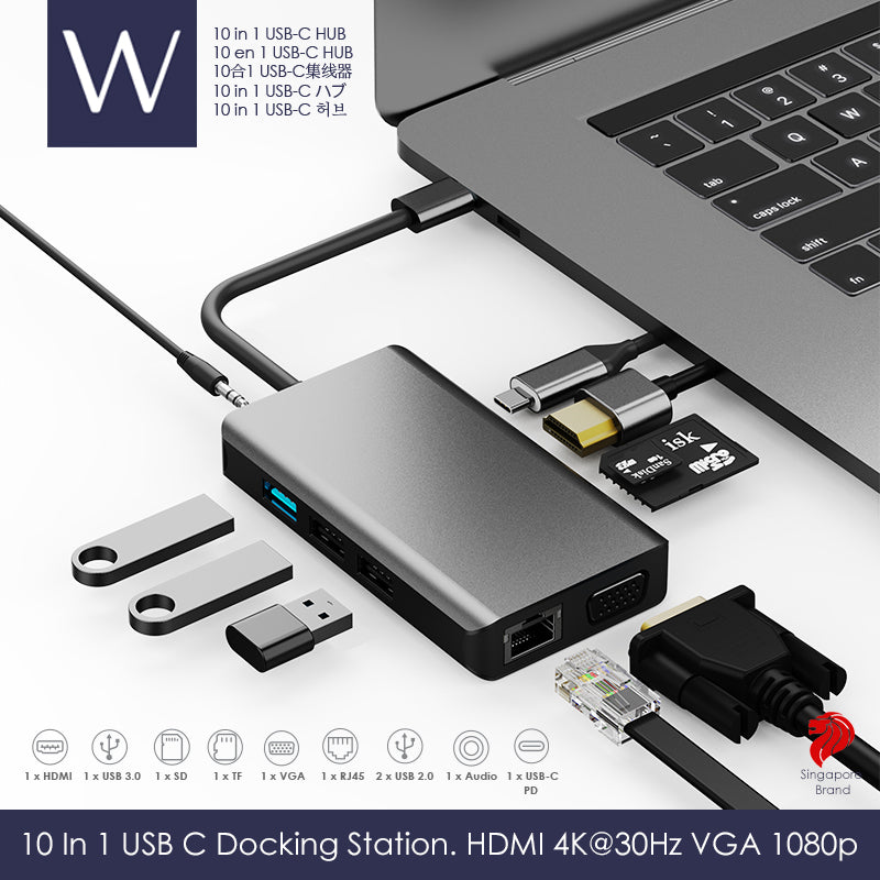 Wistech USB C Type-C Hub 10 in 1 Adapter BX10A with HDMI 4K30Hz 2K60Hz PD Chargers USB 3.0 SD card TF card RJ45 Jack VGA Adapter 3.5mm Audio - Wistech Singapore
