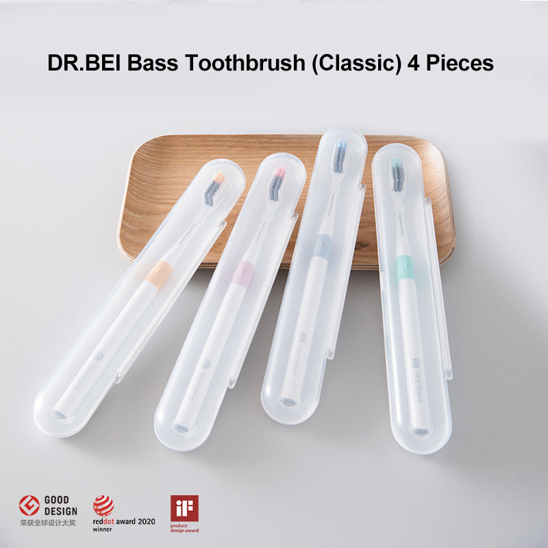 DR.BEI Bass Toothbrush, 4 Pieces (Original) Xiaomi Youpin DR.BEI Bass Soft Toothbrush Portable 4 Colors Tooth Brush With Nano Ultra-fine Bristles Wave Flat Teeth Head Travel Outdoor - Wistech Singapore