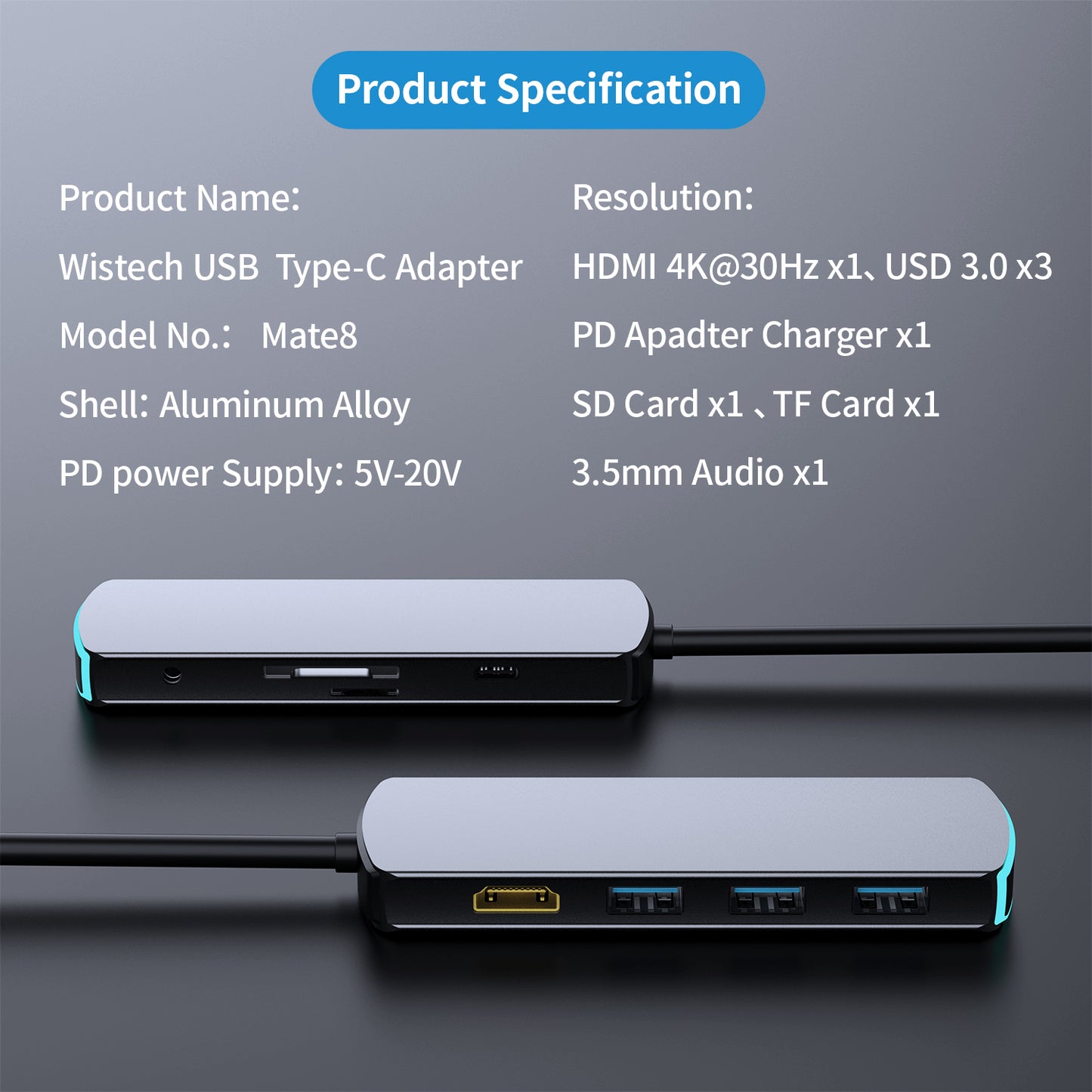 Wistech USB C Type-C Hub 8 in 1 Adapter Mate 8 with HDMI 4K30Hz 2K60Hz PD Chargers USB 3.0 SD card TF card 3.5mm Audio - Wistech Singapore