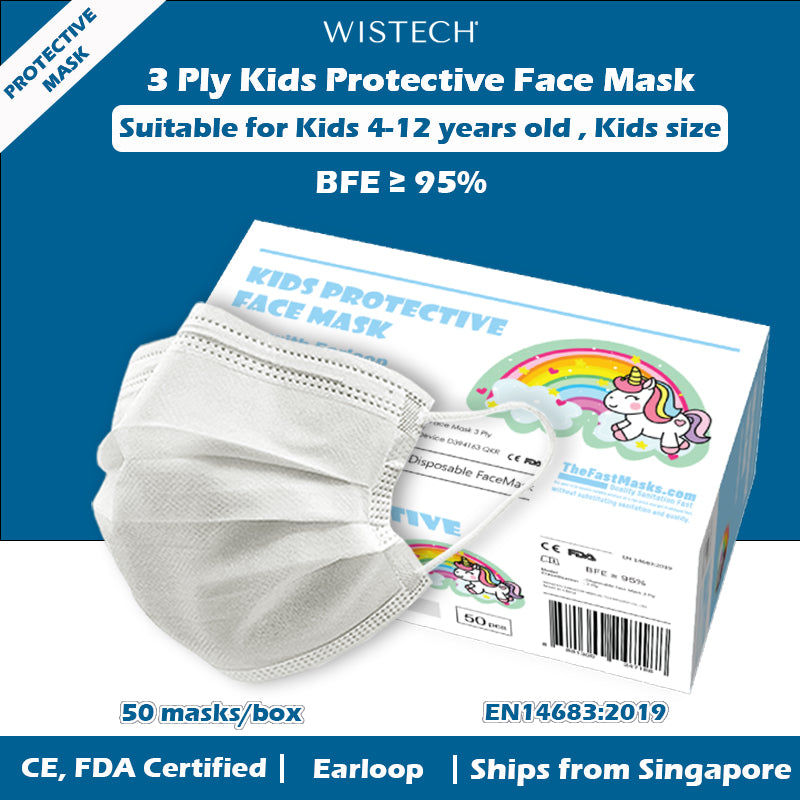 [Ready Local stocks] White 3 Ply Kids Protective Face MASK, TheFastMask,  Kids Disposable Mask, 50 pieces