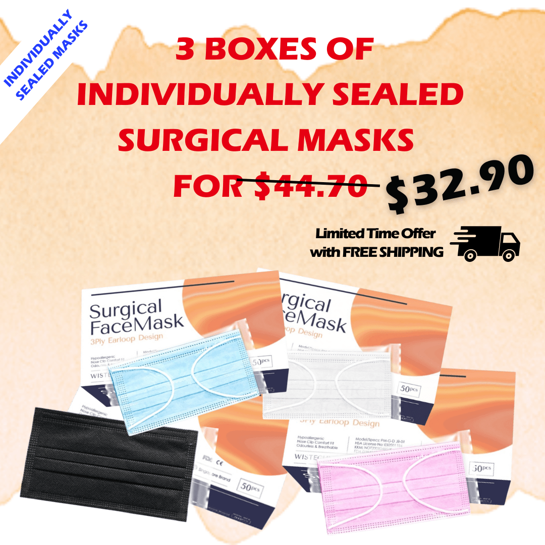 3 BOXES OF INDIVIDUALLY SEALED SURGICAL MASKS AT ONLY $32.90 WITH FREE SHIPPING