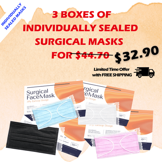 3 BOXES OF INDIVIDUALLY SEALED SURGICAL MASKS AT ONLY $32.90 WITH FREE SHIPPING