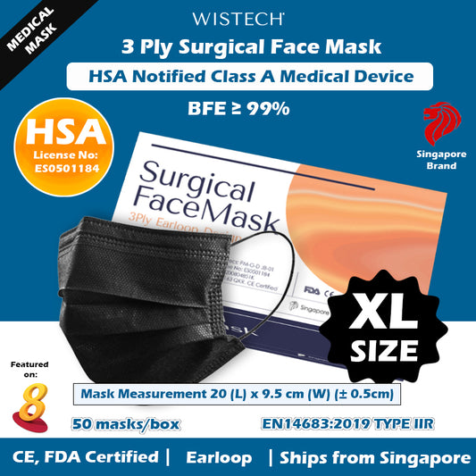 XL Size in Black Wistech 3 Ply Surgical Face Mask, 50 pieces