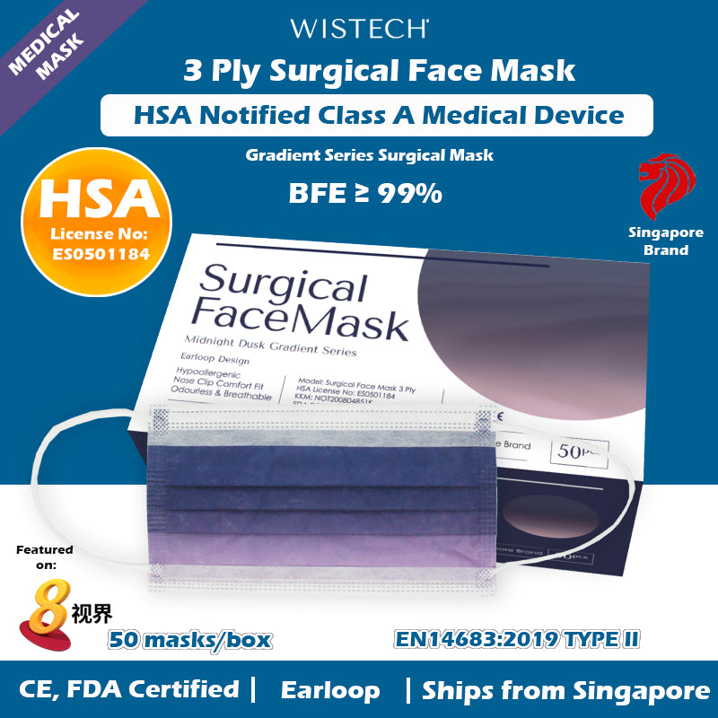 Wistech 3 ply Midnight Dusk Gradient Surgical Face Mask, Medical Mask. HSA Notified Class A Medical Device with BFE of 99%. It is CE and FDA certified.