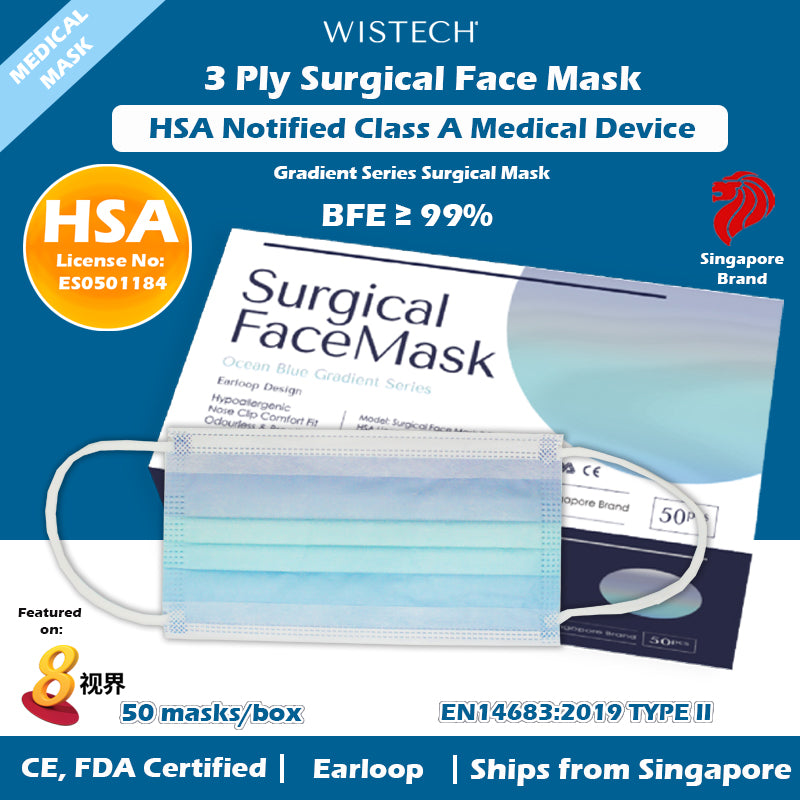 Wistech 3 ply Ocean Blue Gradient Series Surgical Face Mask, Medical Mask. HSA Notified Class A Medical Device with BFE of 99%. It is CE, and FDA certified.