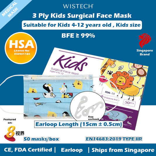 Wistech 3 ply Kids Blue Chick Surgical Face Mask, Medical Mask. HSA Notified Class A Medical Device with BFE of 99%. It is CE, and FDA certified.