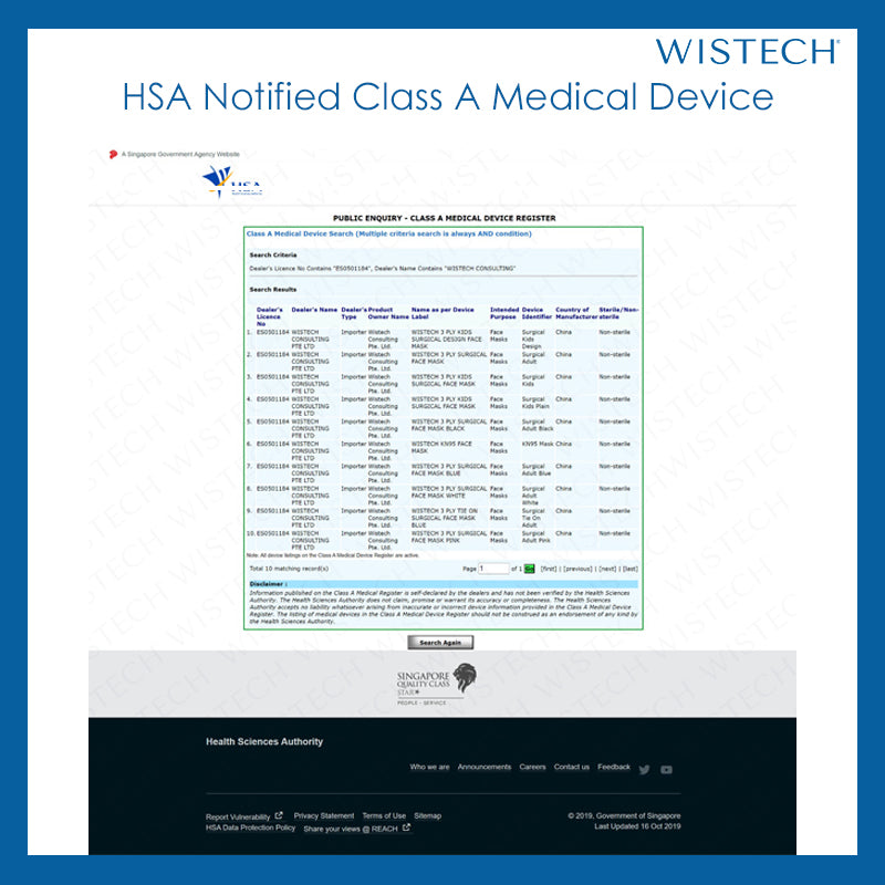 Wistech Masks are HSA Notified Class A Medical Device, FDA and CE Certified