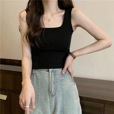Korean Style Solid Color Square Neck Camisole with Built-in Bra Pad