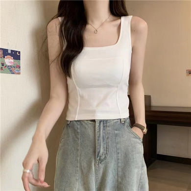 Korean Style Solid Color Square Neck Camisole with Built-in Bra Pad