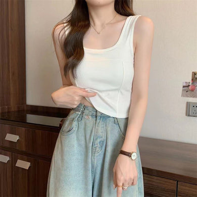 Korean Style Solid Color Square Neck Camisole with Built-in Bra Pad