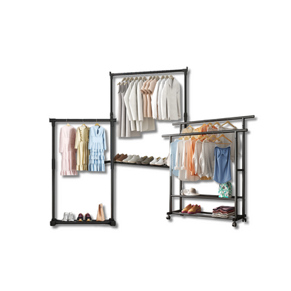 Portable Clothes Rack with Wheels, Adjustable, Foldable Dual-Rod Indoor Clothing Hanger