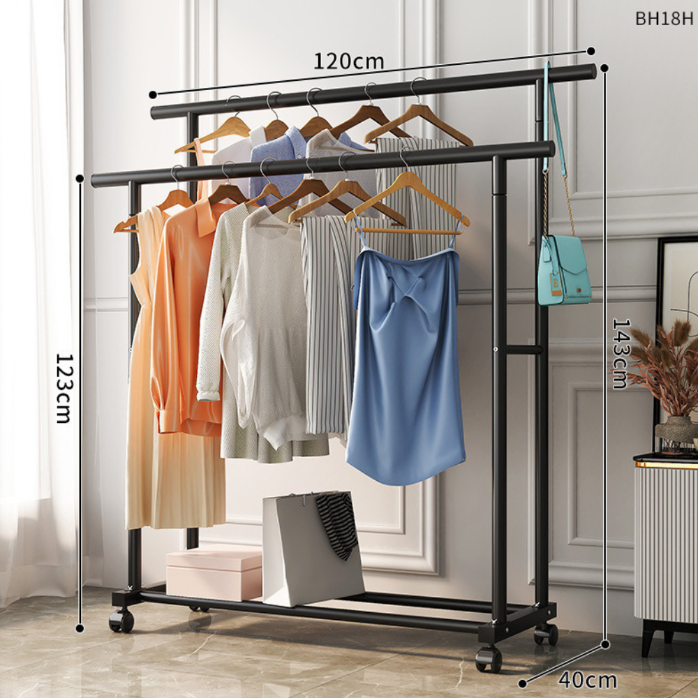Portable Clothes Rack with Wheels, Adjustable, Foldable Dual-Rod Indoor Clothing Hanger