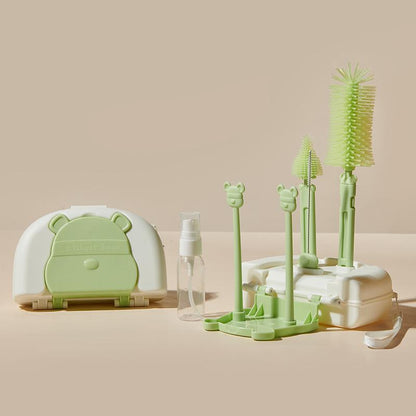 Baby Bear Silicone Portable Bottle Brush Set - Baby Cleaning Brush with Drying Rack for Travel