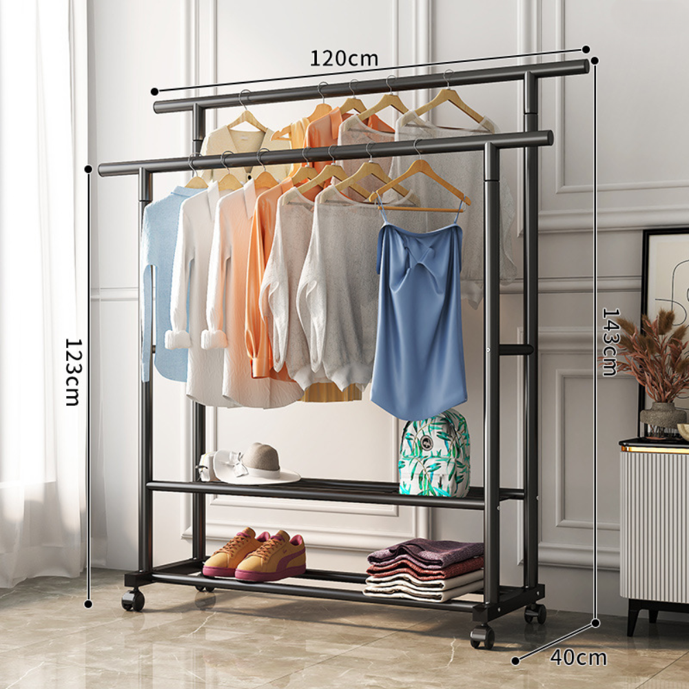 Portable Clothes Rack with Wheels, Adjustable, Foldable Dual-Rod Indoor Clothing Hanger