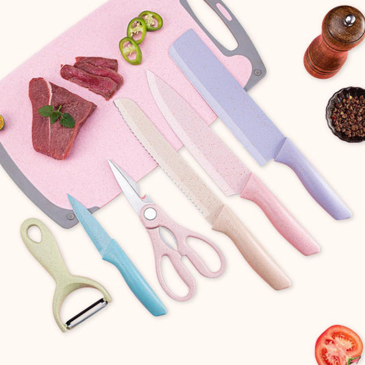 6-Piece Stainless Steel Knife Set with Wheat Straw Handles (Macaron Colors)