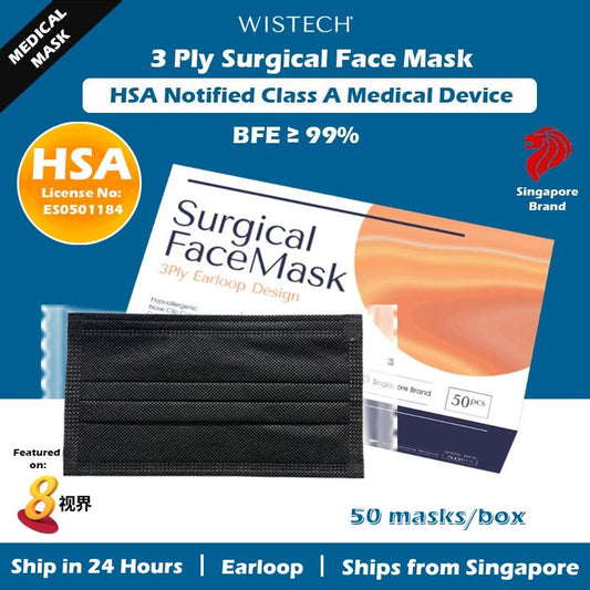 [Individually Sealed] Black Wistech 3 Ply Surgical Face Mask, 50 pieces