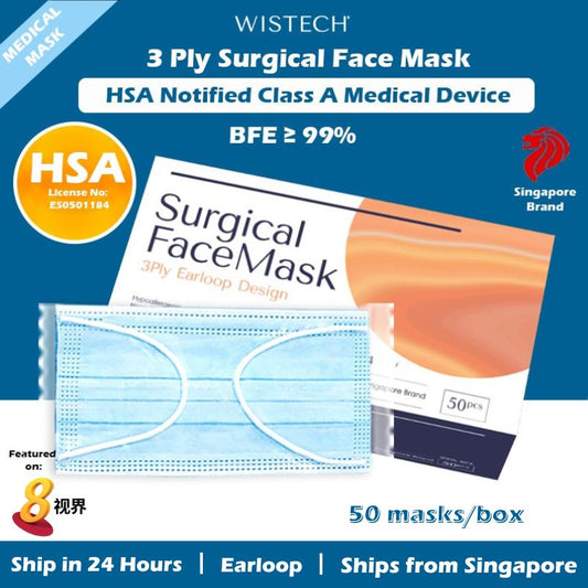 [Individually Sealed] Blue Wistech 3 Ply Surgical Face Mask, 50 pieces
