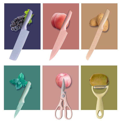 6-Piece Stainless Steel Knife Set with Wheat Straw Handles (Macaron Colors)