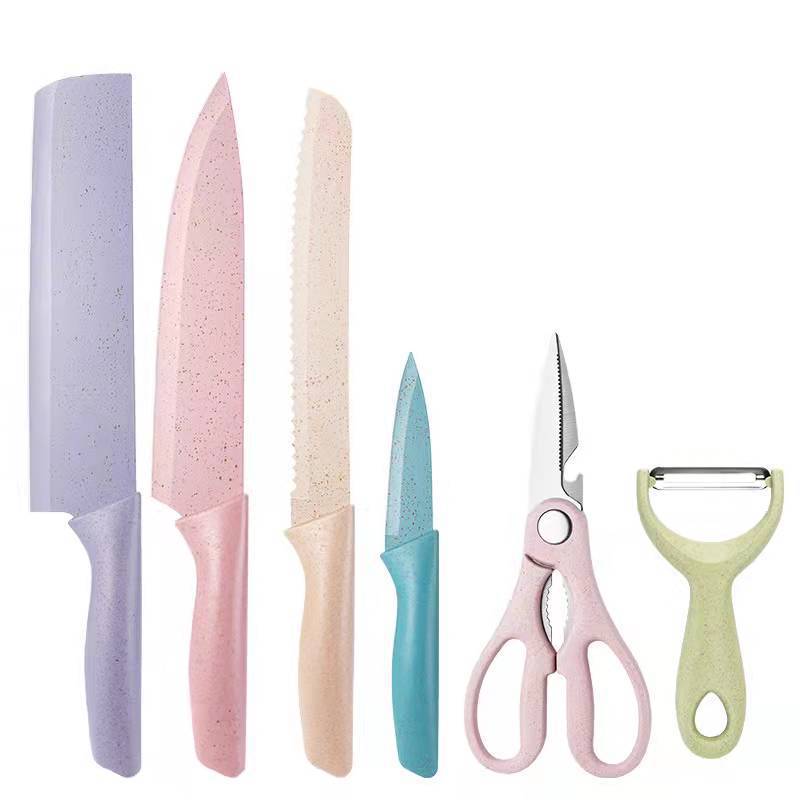 6-Piece Stainless Steel Knife Set with Wheat Straw Handles (Macaron Colors)