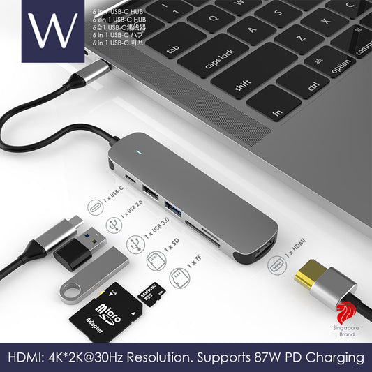 Wistech USB C Type-C Hub 6 in 1 Adapter BX6H with HDMI 4K30Hz 2K60Hz PD Chargers USB 3.0 SD card TF card - Wistech Singapore