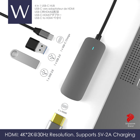 Wistech 4 in 1 USB C Type-C Hub BX4H with HDMI 4K30Hz 2K60Hz PD Adapter USB 3.0 5G-480MB/S High-speed transmission - Wistech Singapore
