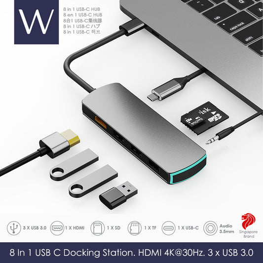 Wistech USB C Type-C Hub 8 in 1 Adapter Mate 8 with HDMI 4K30Hz 2K60Hz PD Chargers USB 3.0 SD card TF card 3.5mm Audio - Wistech Singapore