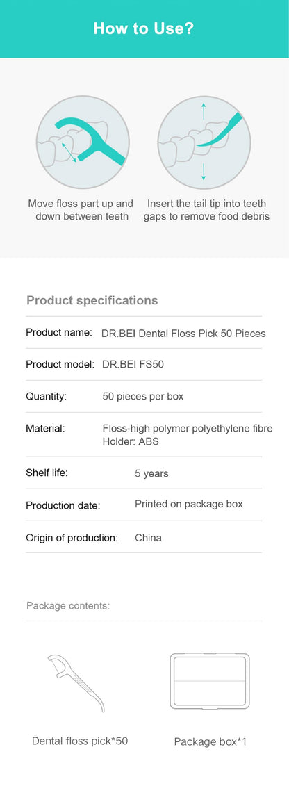 [Bundle of 3] Xiaomi DR.BEI Dental Floss Portable Picks Teeth Flosser Toothpicks Stick Oral Care 50pcs/box Teeth Pick - Wistech Singapore