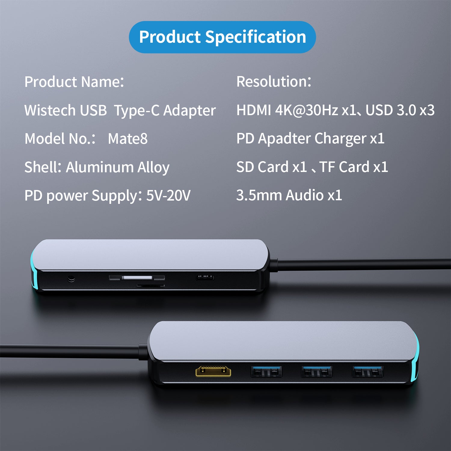 Wistech USB C Type-C Hub 8 in 1 Adapter Mate 8 with HDMI 4K30Hz 2K60Hz PD Chargers USB 3.0 SD card TF card 3.5mm Audio - Wistech Singapore