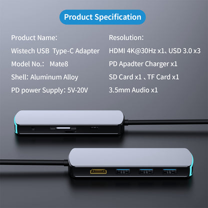 Wistech USB C Type-C Hub 8 in 1 Adapter Mate 8 with HDMI 4K30Hz 2K60Hz PD Chargers USB 3.0 SD card TF card 3.5mm Audio - Wistech Singapore