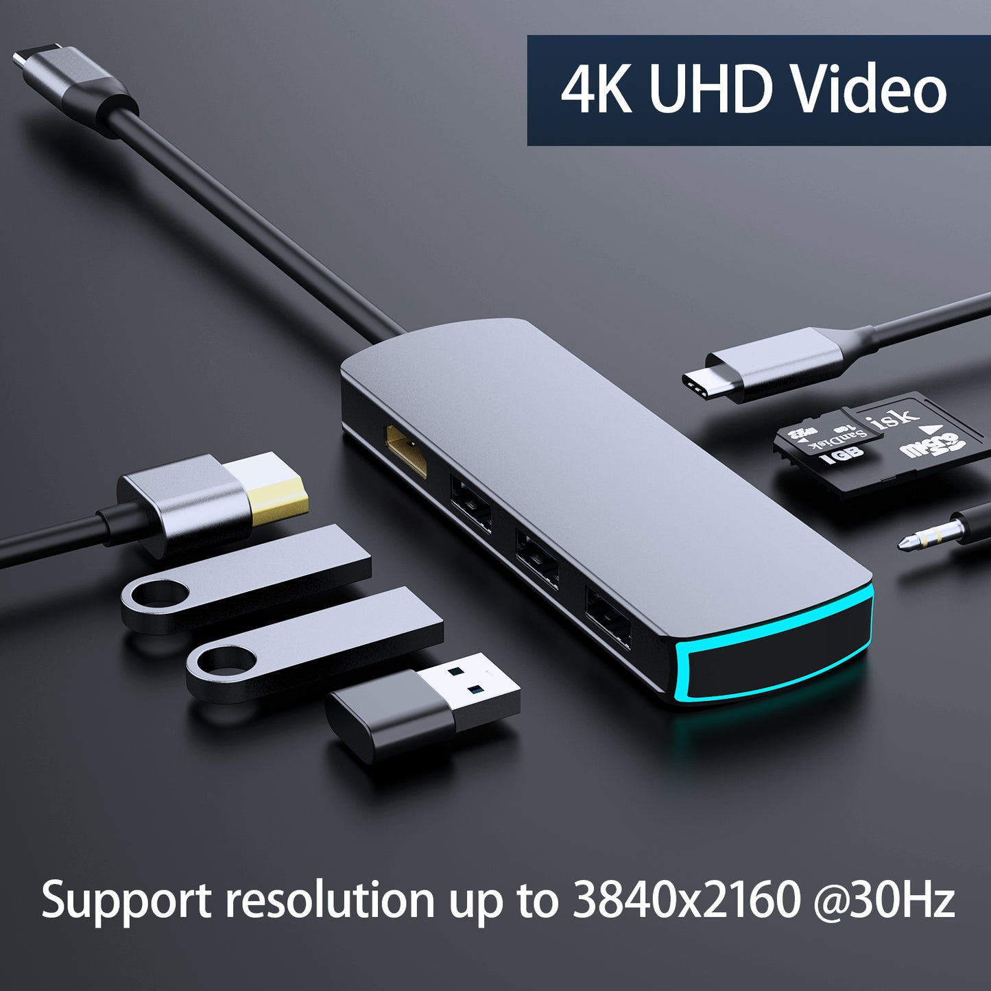 Wistech USB C Type-C Hub 8 in 1 Adapter Mate 8 with HDMI 4K30Hz 2K60Hz PD Chargers USB 3.0 SD card TF card 3.5mm Audio - Wistech Singapore