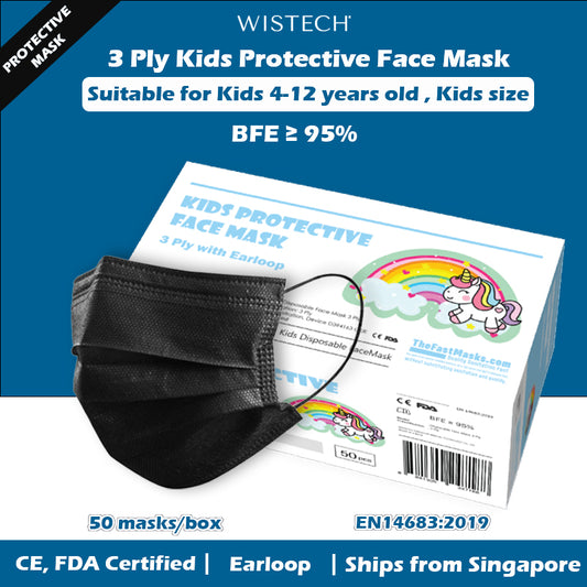 [Ready Local stocks] Black 3 Ply Kids Protective Face Mask, TheFastMask, Kids Disposable Mask, 50 pieces