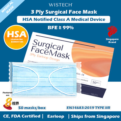[Individually Sealed] Blue Wistech 3 Ply Surgical Face Mask, 50 pieces