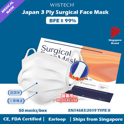 [JAPAN DESIGN THICK EARLOOP] White Wistech 3 Ply Surgical Face Mask, 50 pieces per bag, BFE 99%