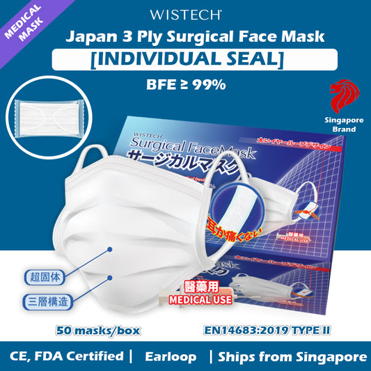 [JAPAN DESIGN THICK EARLOOP INDIVIDUALLY SEALED] White Wistech 3 Ply Surgical Face Mask,  99% BFE, FDA CE Approved