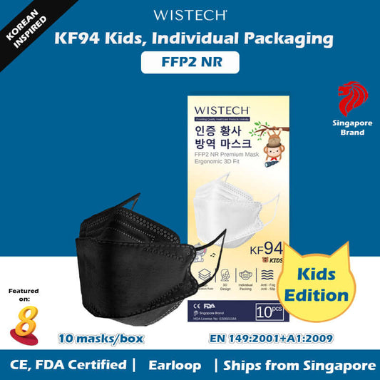 (Black) Wistech KF94 Kids Protective Mask, Individually sealed 10 pcs, FDA CE Approved
