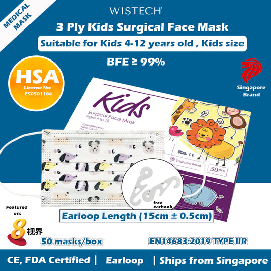 Wistech 3 ply Animal  Surgical Face Mask, Medical Mask. HSA Notified Class A Medical Device with BFE of 99%. It is CE, and FDA certified.