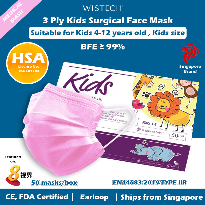 Wistech 3 ply Kids Pink Surgical Face Mask, Medical Mask. HSA Notified Class A Medical Device with BFE of 99%. It is CE, and FDA certified.
