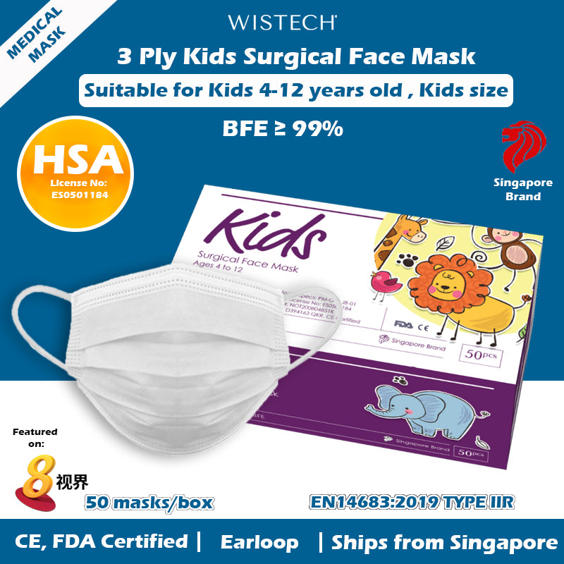 Wistech 3 ply Kids White Surgical Face Mask, Medical Mask. HSA Notified Class A Medical Device with BFE of 99%. It is CE, and FDA certified.