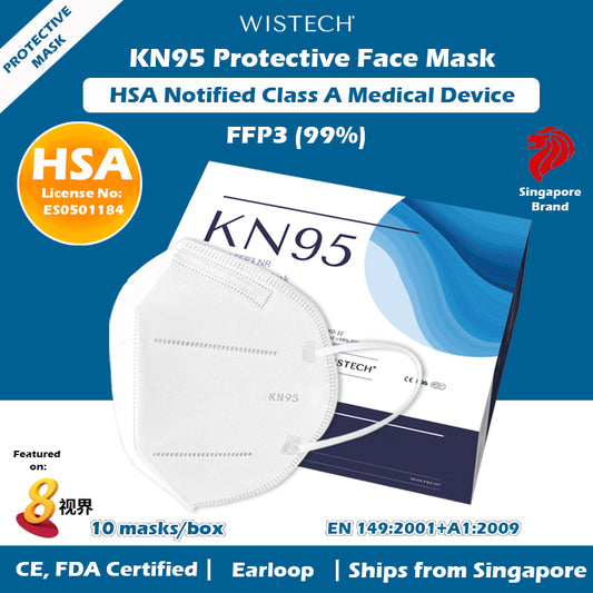 Wistech KN95 Protective Face Mask, HSA Notified Class A Medical Device with FFP3 of 99%. It is CE and FDA certified.