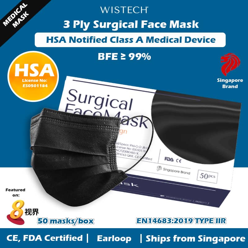 Wistech 3-Ply Surgical Face Mask (Black)
