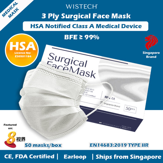Wistech 3 ply white Surgical Face Mask, Medical mask. HSA Notified Class A Medical Device with BFE of 99%, CE and FDA certified.
