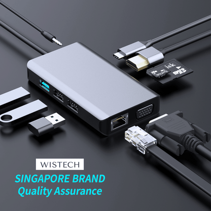 Wistech USB C Type-C Hub 10 in 1 Adapter BX10A with HDMI 4K30Hz 2K60Hz PD Chargers USB 3.0 SD card TF card RJ45 Jack VGA Adapter 3.5mm Audio